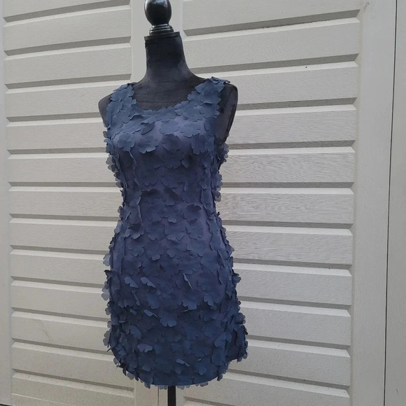 H&M Navy Blue Fit Flare Mini Dress Floral Appliqué Embellishments Stretch XS - Picture 5 of 9